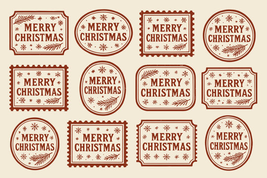 Vintage christmas labels collection featuring merry christmas greetings and festive elements