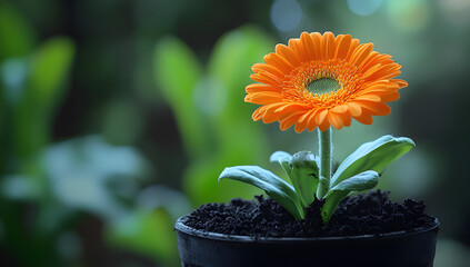 Vibrant orange calendula flower blooming in a pot with soft green bokeh background symbolizing growth and new beginnings