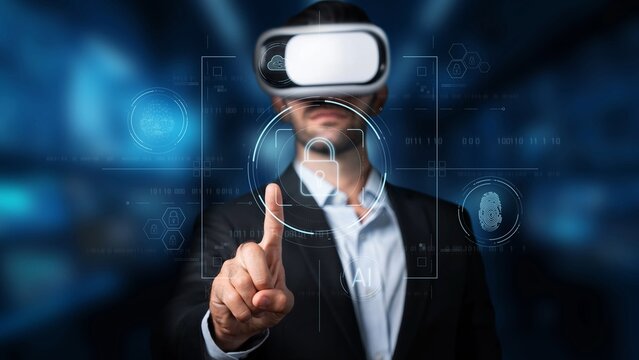 A businessman wearing a virtual reality headset engages with a digital interface and security elements, showcasing technology and innovation in a modern office setting. Raster - Powered by Adobe