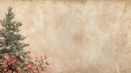 Vintage Christmas tree: A serene evergreen tree, adorned with delicate branches and festive berries, stands against a textured, antique backdrop, evokes the warmth and nostalgia of a classic holiday.
