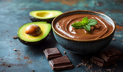 Rich and creamy chocolate avocado mousse served in a dark bowl garnished with fresh mint leaves and dark chocolate pieces