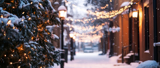 Winter street decorated with garlands and Christmas trees glowing under lanterns. Peaceful evening city atmosphere before the holiday.