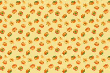  Persimmon seamless pattern on yellow background. Flesh fruits pattern illustration for wrapping paper, textile prints, banners, backgrounds.