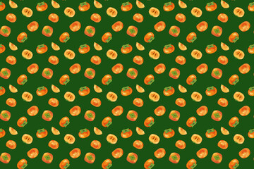  Persimmon seamless pattern on green background. Flesh fruits pattern illustration for wrapping paper, textile prints, banners, backgrounds.
