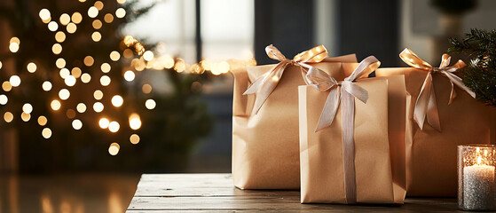 Cozy Christmas living room with decorated tree, garlands, and gifts under warm lights. Festive holiday atmosphere for greeting cards, mockups, or seasonal promotional design.