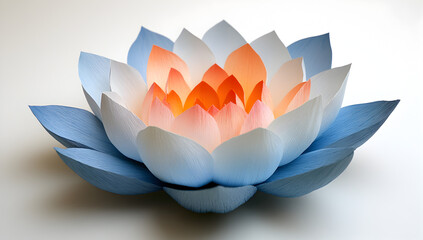 Beautifully illuminated lotus flower with delicate blue petals and vibrant orange center glowing softly on a white background