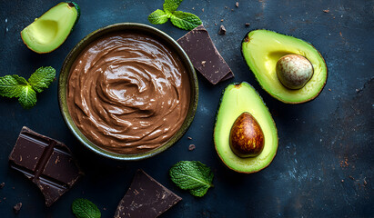 Delicious homemade chocolate avocado mousse served in a bowl surrounded by fresh avocado halves and dark chocolate squares
