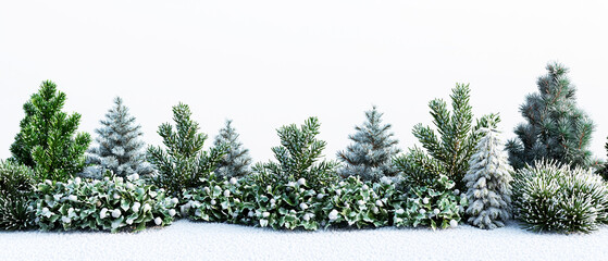 Row of snow-covered pine trees, coniferous, serene winter landscape. Peaceful Christmas exterior for greeting cards, backgrounds, and seasonal mockups related to nature, cold, or holiday mood.