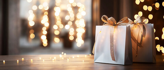 Warm Christmas interior with glowing candles, gifts, and garland lights creating cozy  atmosphere. mockup for holiday cards, winter promotions, and New Year design projects.