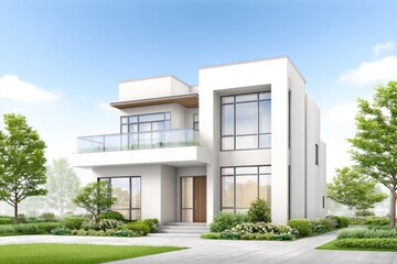 Fototapeta premium Contemporary white two-story house with large windows and green garden, modern architecture exterior