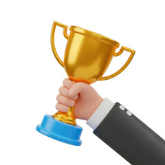 3D hand holding a golden trophy, isolated on transparent background