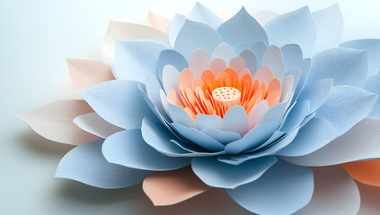 Close up of a delicate layered paper lotus flower with soft pastel blue pink and orange petals and a textured center