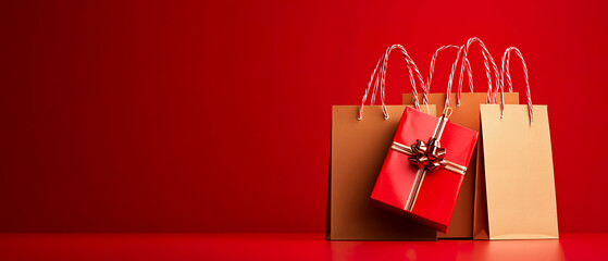 Christmas composition with red gift bags, sparkling glitter, and festive decor on bright red background. Warm and joyful holiday mockup  for greeting cards, ads, and New Year promotions.