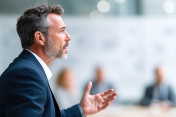Mature businessman in suit explaining ideas to colleagues in office
