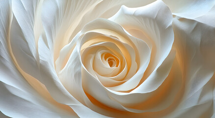 Close up macro view of a delicate white and peach rose blossom revealing its intricate spiral petal formation and soft textured beauty