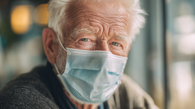 Elderly man wearing a face mask while sitting indoors at a cafe - Powered by Adobe
