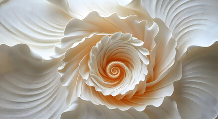 Abstract macro photography of a delicate white rose with swirling petals creating a mesmerizing spiral pattern and soft golden hues