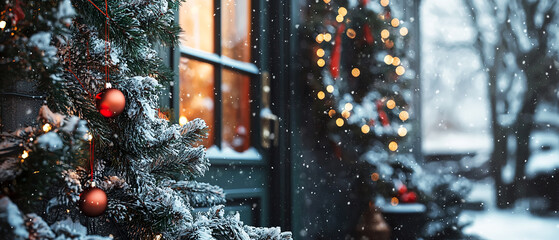 Close-up of snowy Christmas wreath with red ornaments on front door decorated with warm lights and garlands. Festive winter exterior mockup for greeting cards and New Year visuals.