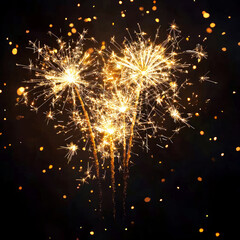 Golden fireworks and sparkler lights on black background. Bright festive composition representing Christmas and New Year celebration.  greeting cards, mockups, or advertising.