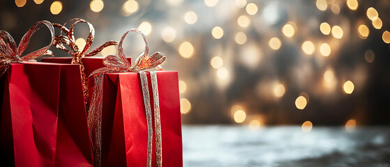 Red Christmas presents decorated with a glowing golden garland. Bright festive composition,holiday promotions, gift themes, seasonal advertising, and celebration visuals.
