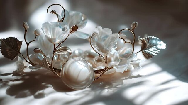 The elegant floral crown features delicate flowers and leaves arranged beautifully with a large, smooth pearl at its center. The crown and pearl reflect light softly, creating an e