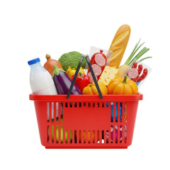 Red shopping basket filled with various groceries isolated on transparent background