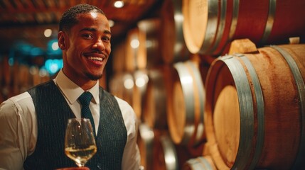 Smiling sommelier tasting white wine in cellar with barrels