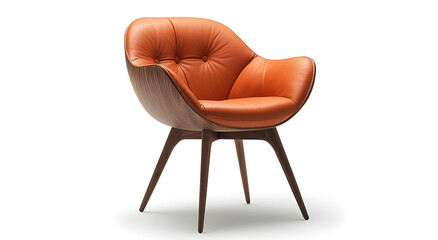 Modern orange upholstered armchair with tufted back and dark tapered legs isolated on a white background