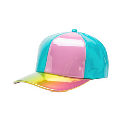 Shiny baseball cap with a pink and blue crown and a rainbow colored brim isolated on transparent background