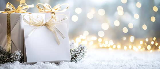 Elegant Christmas composition with white and gold presents, fir branches, and blurred bokeh lights. Warm and festive mockup for greeting cards, winter sales, and New Year design projects.