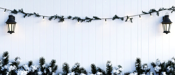 Minimal Scandinavian Christmas mockup with bright white building facade with evergreen garlands and lanterns. Copy space for branding, seasonal text, and modern holiday presentation.