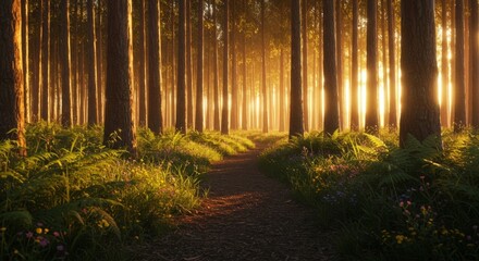 Forest trail with sunlight filtering through tall eucalyptus trees