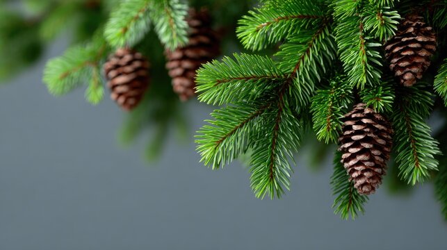 Fresh green fir branches with pine cones on gray background - Powered by Adobe