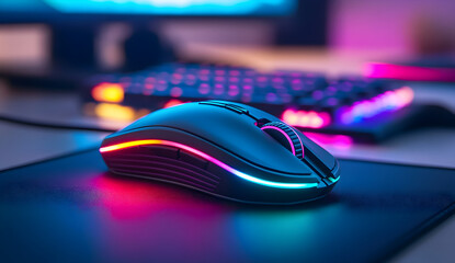 Close up of a modern gaming mouse with vibrant rgb lighting on a desk with a blurred keyboard and monitor in the background