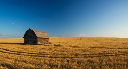 Golden wheat fields with old barn and blue sky in background