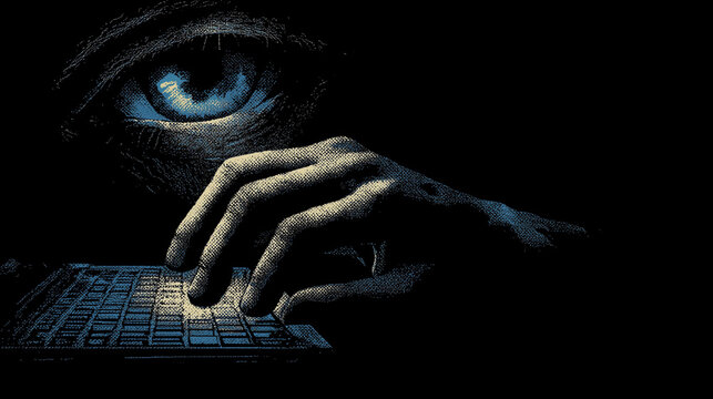 digital surveillance online observation. orwell 1984 style. hand is typing on keyboard in dark room. big brother all seeing eye is watching