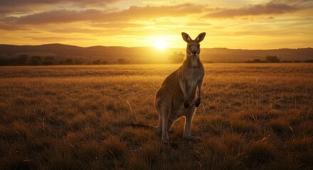 Kangaroo standing in grassy outback field under golden sunset light