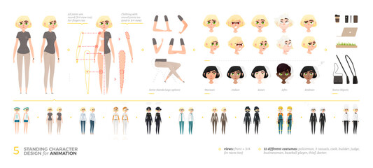 Diverse female character creator set for animation with full-body poses, outfits, and professions. Includes editable heads of various ethnicities in front and 3 quarter view for design projects.