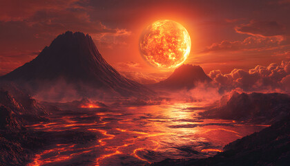 Dramatic alien landscape with a fiery red sun setting over molten lava rivers and jagged mountains under a cloudy sky