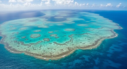 Great Barrier Reef aerial view with coral patterns and turquoise sea