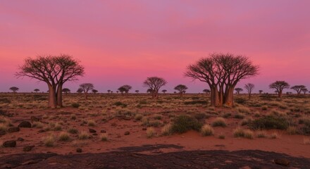 Fototapeta premium Desert landscape with boab trees under pink twilight sky