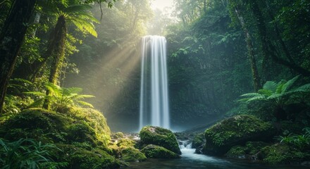 Rainforest waterfall surrounded by ferns and mossy rocks tropical light