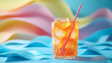 Refreshing iced tea with ice cubes and a pink straw in a tall glass against a colorful abstract background of soft waves and flowing fabric