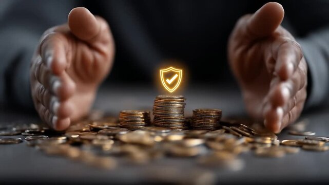 Hands shielding coins with a glowing shield and checkmark icon