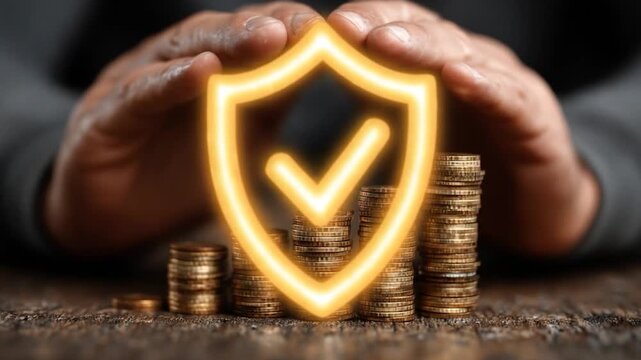 Hands shielding glowing shield icon over stacked coins