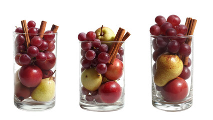 transparent PNG image of Clear Glasses Filled with Fresh Fruits and Cinnamon Sticks