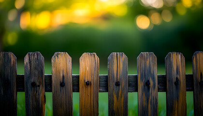 Rustic wooden fence posts in soft focus with warm golden bokeh lights in the background