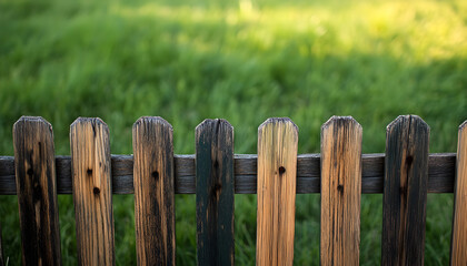 Rustic weathered wooden fence posts in sharp focus against a soft blurred green grassy field under warm sunlight