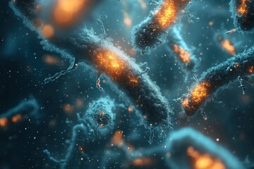 Microscopic view of bacteria exhibiting bioluminescence in a dark aquatic environment