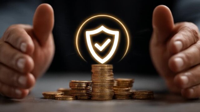 Hands protect stack of coins with glowing shield icon
